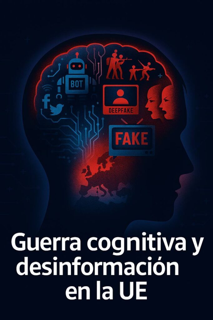 Ilustración digital de una cabeza humana en perfil con el cerebro representado como un campo de batalla digital. Dentro del cerebro aparecen íconos de bots, redes sociales, deepfakes, soldados y noticias falsas, simbolizando la guerra cognitiva y la desinformación en la Unión Europea.