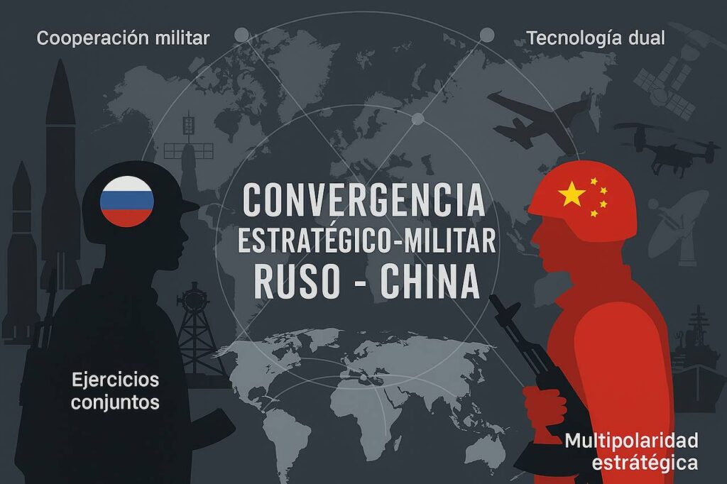 Ilustración de la convergencia estratégico-militar entre Rusia y China, con siluetas de soldados, banderas y símbolos de cooperación militar, tecnología dual y multipolaridad estratégica.