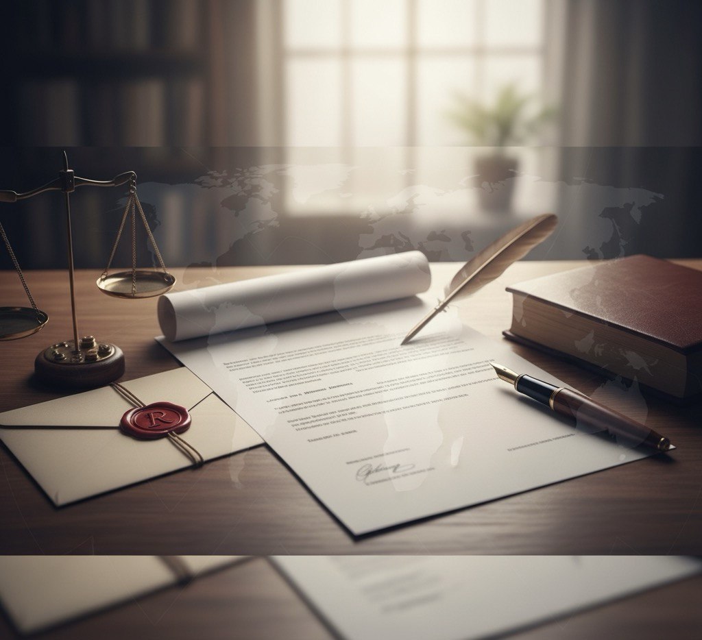 Iconografía de seguridad del Estado: documento formal, pluma, y balanza de la justicia, representando el análisis de las amenazas a medio plazo contra la seguridad y estabilidad de España