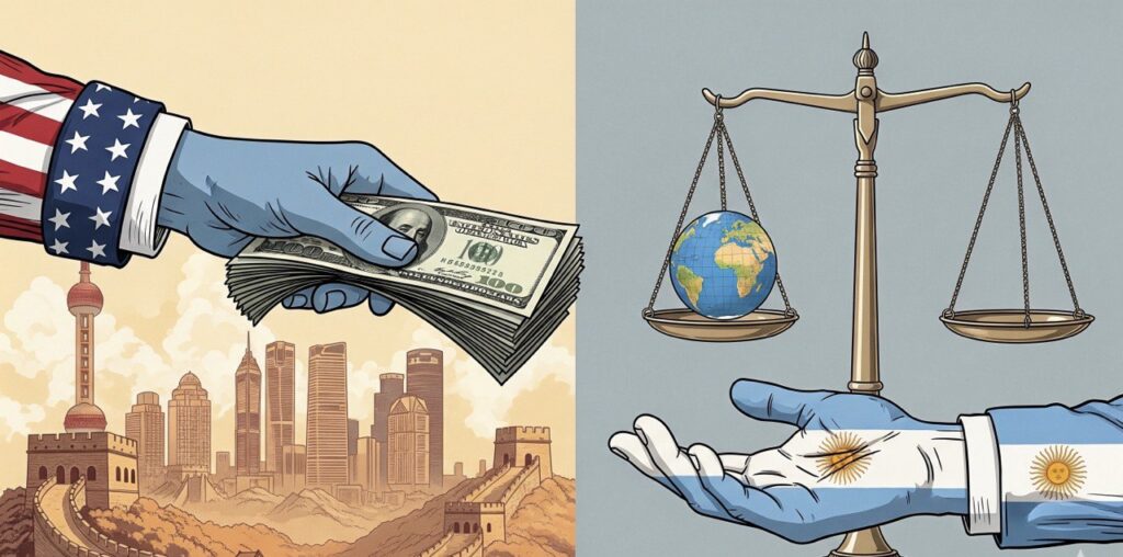 Ilustración del rescate de divisas de EEUU a Argentina, mostrando una mano estadounidense ofreciendo dólares y, al fondo, la influencia de China y una balanza que simboliza la dependencia económica.