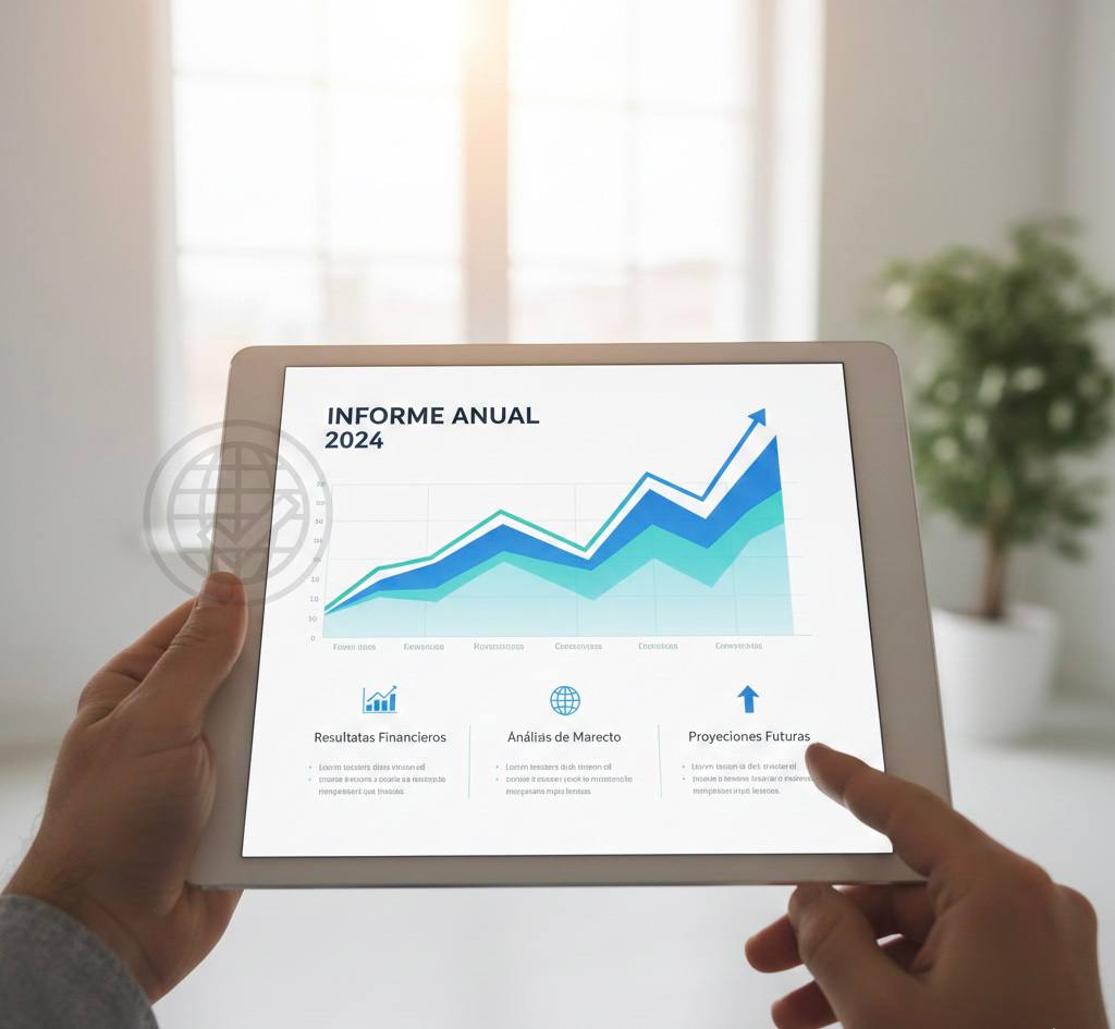 Manos sosteniendo una tableta con un informe anual 2024 y un gráfico en ascenso, con apartados de resultados financieros, análisis de mercado y proyecciones futuras.