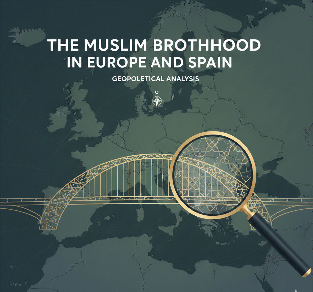 Infografía analítica sobre la expansión de la Hermandad Musulmana en Europa y España, mostrando un mapa geopolítico con redes de influencia, una lupa sobre la Península Ibérica y simbología de integración institucional.