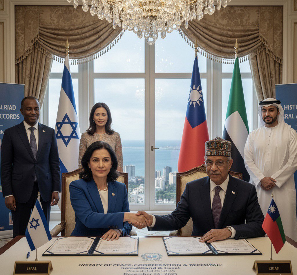 Representación del reconocimiento de Somalilandia por Israel con presencia de banderas de Emiratos Árabes Unidos y Taiwán en una firma de acuerdo diplomático. 