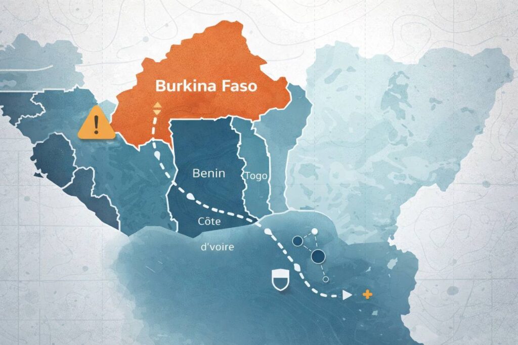 . Mapa de puntos que muestra la expansión de la actividad de JNIM en el Sahel, con foco en Burkina Faso, 2017–2023.