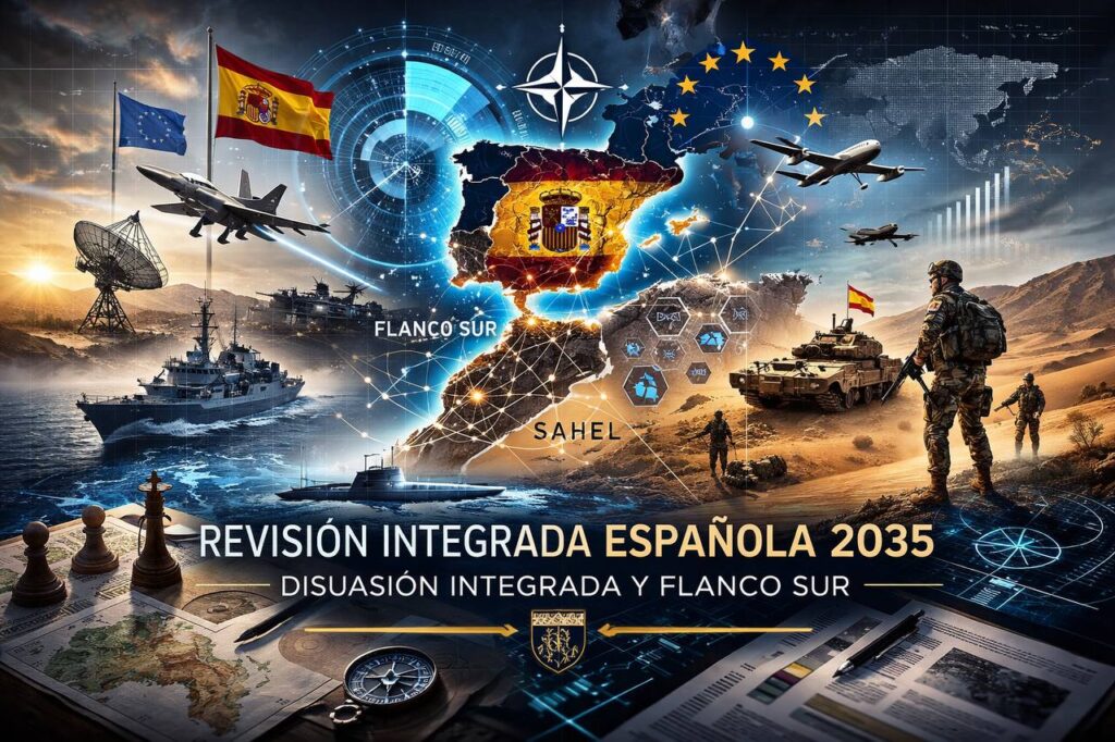 Ilustración estratégica de la Revisión Integrada Española 2035 que muestra a España como eje geopolítico entre Europa y el flanco sur, con elementos militares, tecnológicos y de seguridad vinculados a la disuasión integrada y la defensa multidominio.