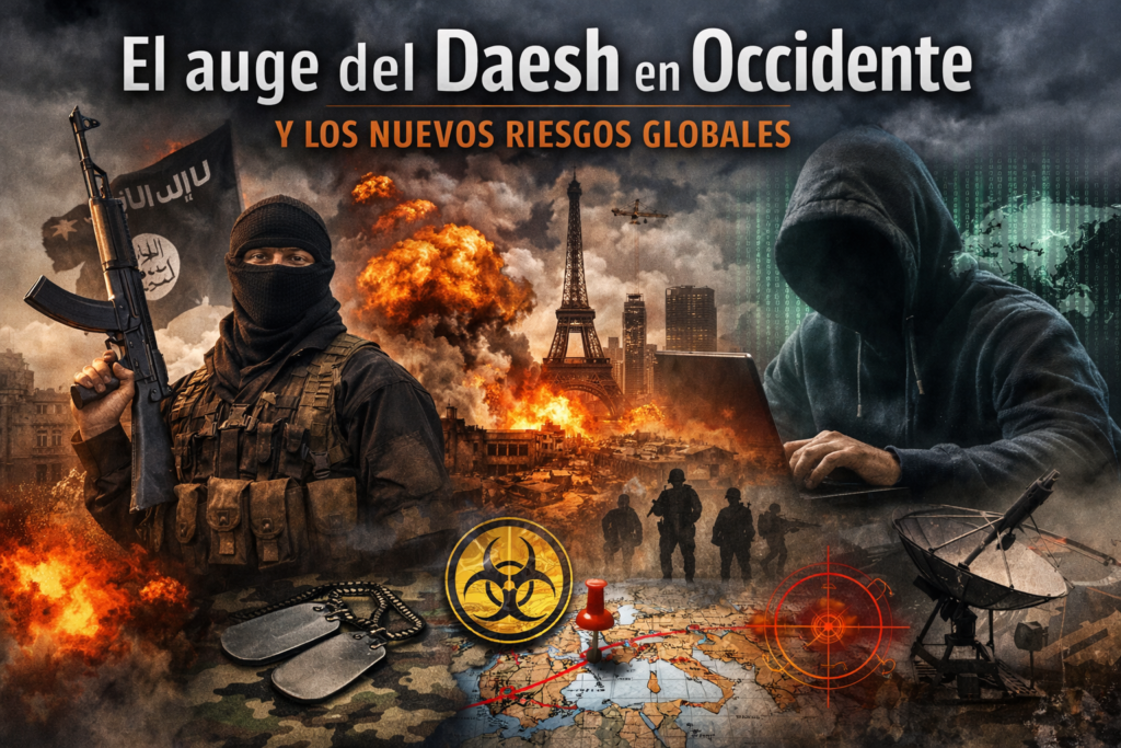 Ilustración editorial sobre la amenaza del Daesh en Occidente, con un combatiente armado, una ciudad en llamas, un ciberatacante y símbolos de riesgo global.