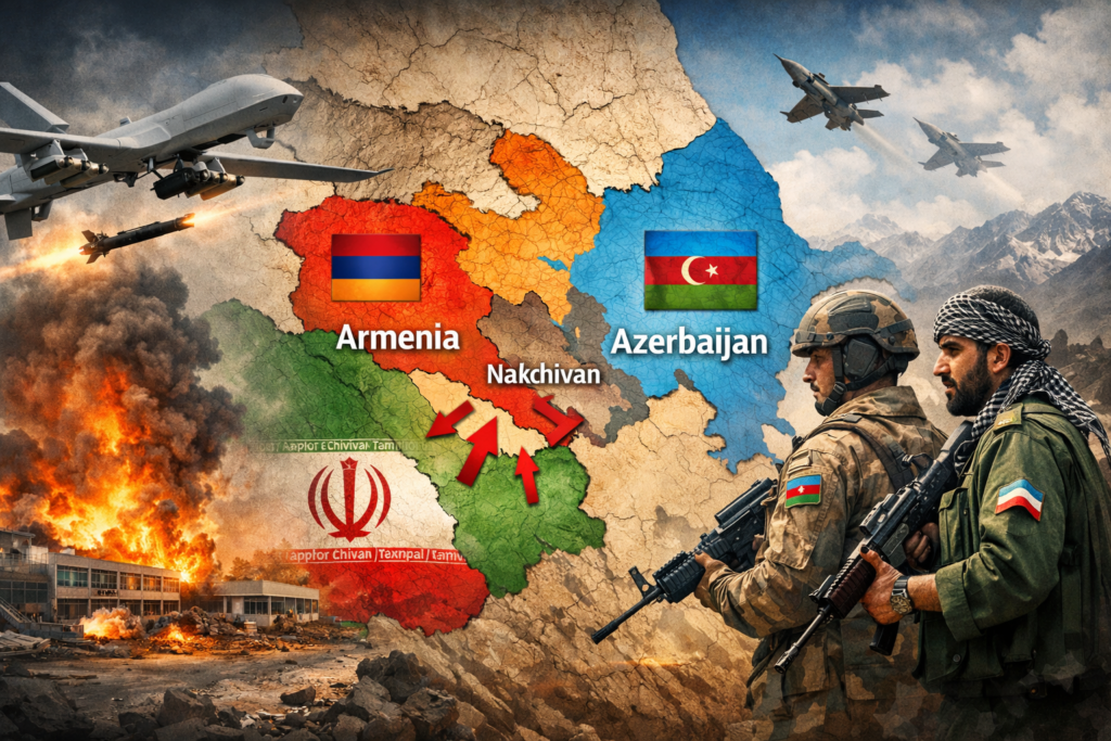 Mapa del Cáucaso Sur que muestra Irán, Armenia y Azerbaiyán con el enclave de Najicheván tras un ataque con drones en el contexto de la tensión regional entre Irán y Azerbaiyán