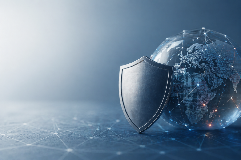 Escudo protegiendo un globo digital conectado que simboliza la defensa frente a la coerción informativa y la manipulación en el entorno digital
