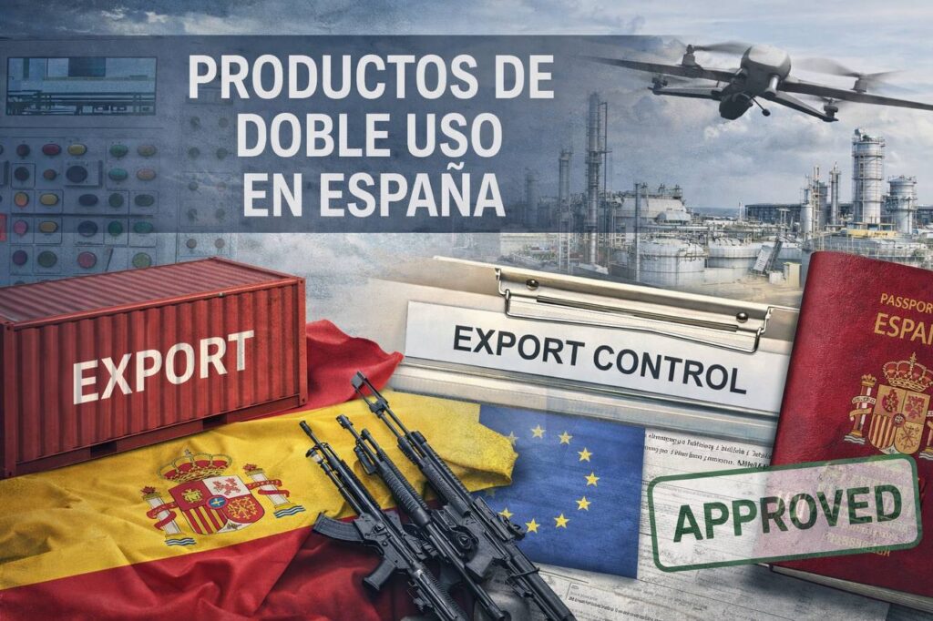 Imagen conceptual sobre productos de doble uso en España, que muestra la relación entre industria civil, exportaciones, control normativo y aplicaciones en defensa