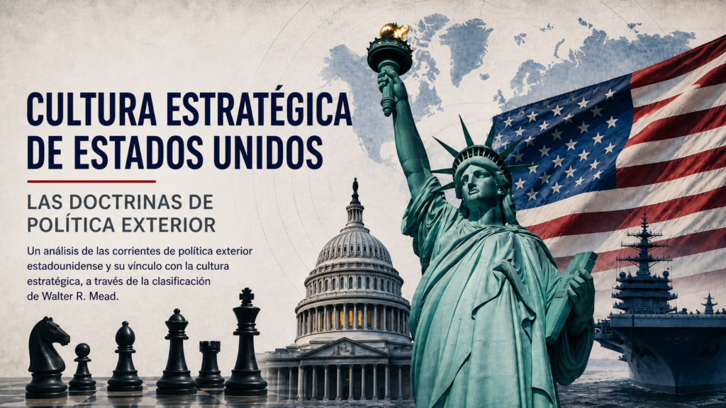 Cultura estratégica de Estados Unidos, representada mediante la Estatua de la Libertad, el Capitolio, la bandera estadounidense, un portaaviones y piezas de ajedrez.