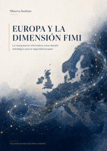 Mapa de Europa con una red luminosa de conexiones digitales que representa la dimensión FIMI, la manipulación informativa y los desafíos estratégicos para la seguridad europea.