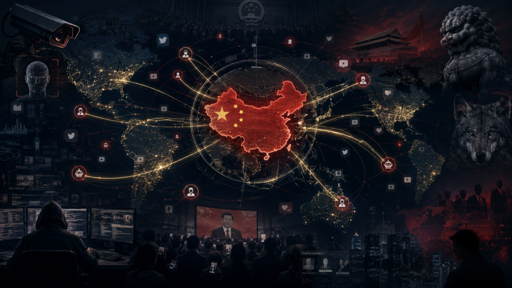 Ilustración conceptual sobre la República Popular China y la desinformación, con un mapa mundial, China destacada en rojo, redes digitales de influencia, vigilancia, propaganda, cuentas automatizadas y símbolos de guerra cognitiva proyectados hacia distintos espacios geopolíticos.
