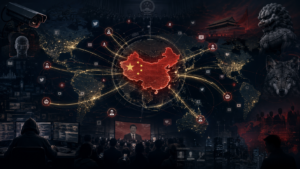 Ilustración conceptual sobre la República Popular China y la desinformación, con un mapa mundial, China destacada en rojo, redes digitales de influencia, vigilancia, propaganda, cuentas automatizadas y símbolos de guerra cognitiva proyectados hacia distintos espacios geopolíticos.
