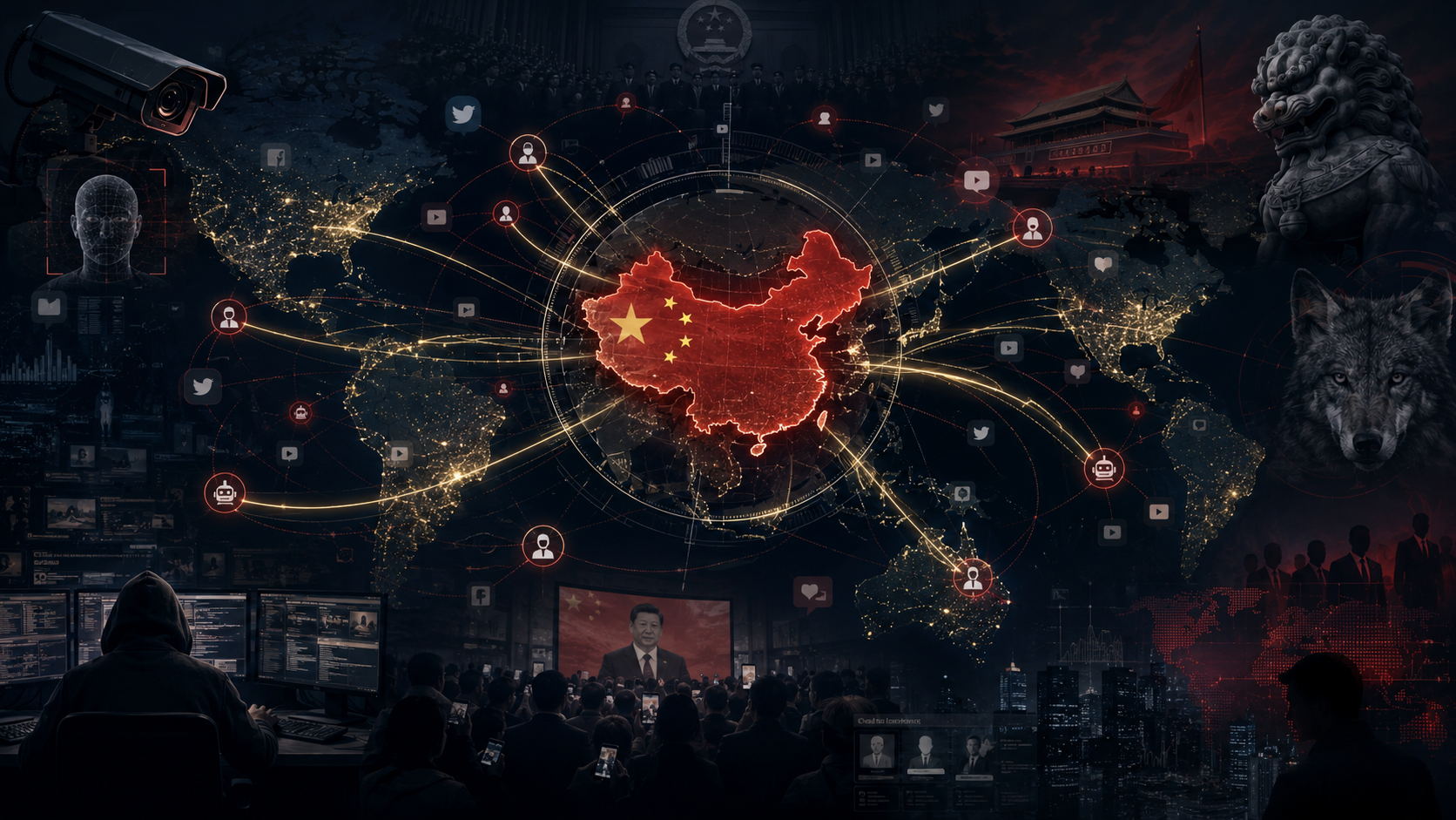 Ilustración conceptual sobre la República Popular China y la desinformación, con un mapa mundial, China destacada en rojo, redes digitales de influencia, vigilancia, propaganda, cuentas automatizadas y símbolos de guerra cognitiva proyectados hacia distintos espacios geopolíticos.