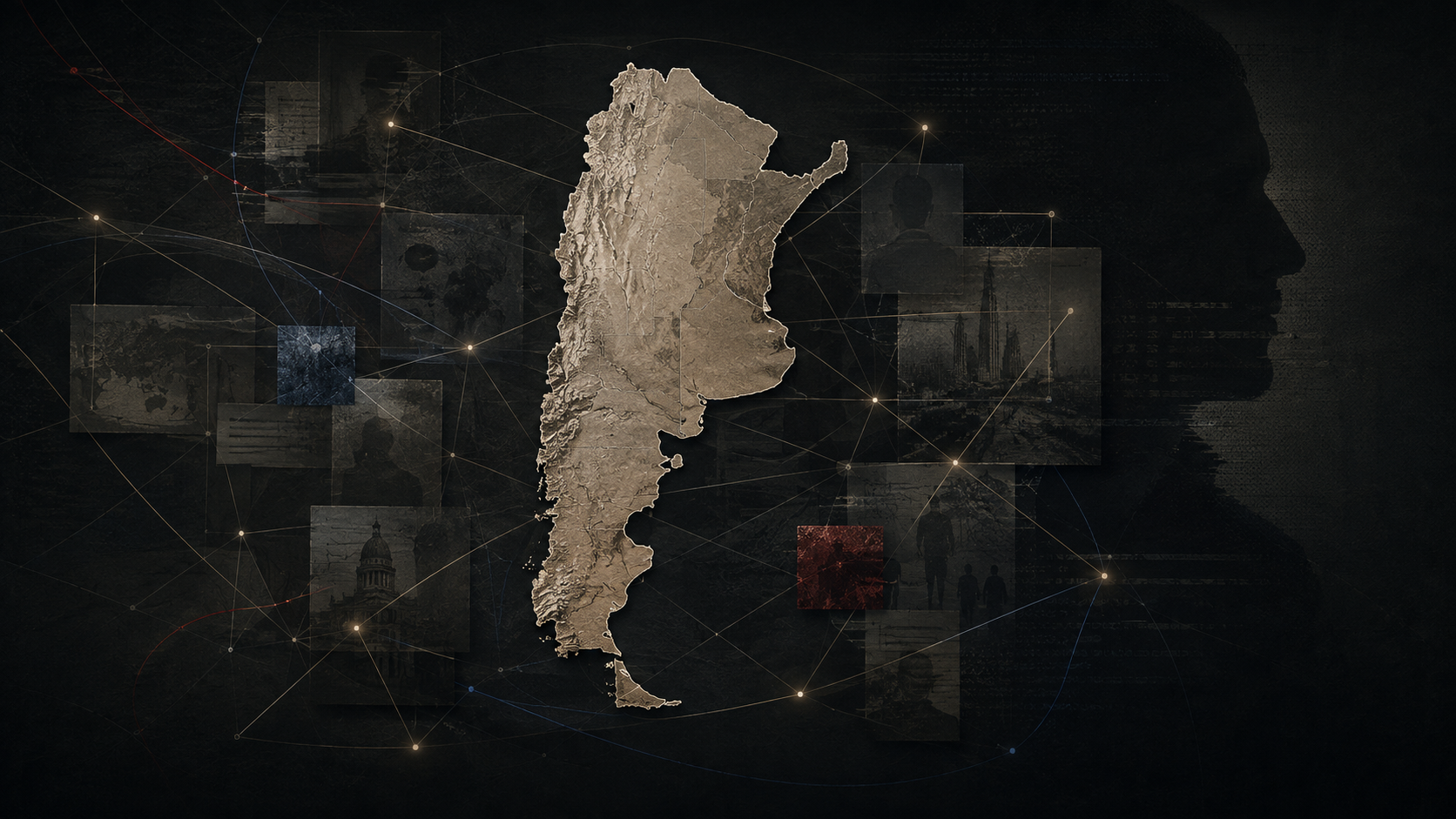 Mapa de Argentina conectado a una red de inteligencia clandestina y operaciones de influencia extranjera.