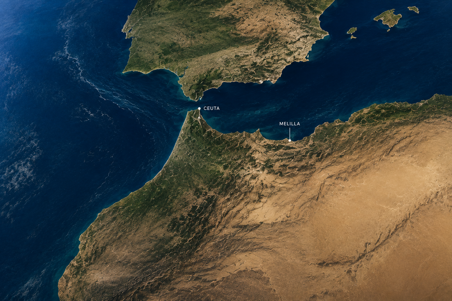 Vista del Estrecho de Gibraltar y del Magreb occidental, con Ceuta y Melilla señaladas en la costa norte de África. Imagen del Documento de Análisis Minerva sobre competencia informativa en el Magreb.