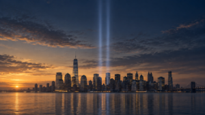 Dos haces de luz se elevan sobre el perfil de Nueva York al amanecer en homenaje a las víctimas del 11-S.