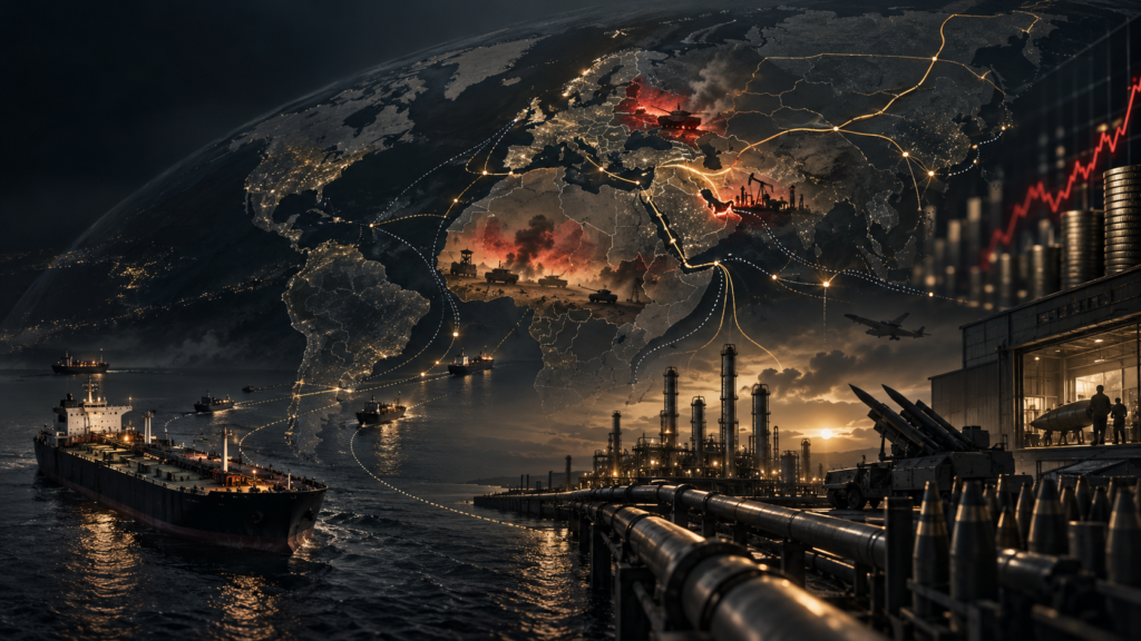 Mapa mundial con rutas energéticas, zonas de conflicto, industria petrolera y producción armamentística