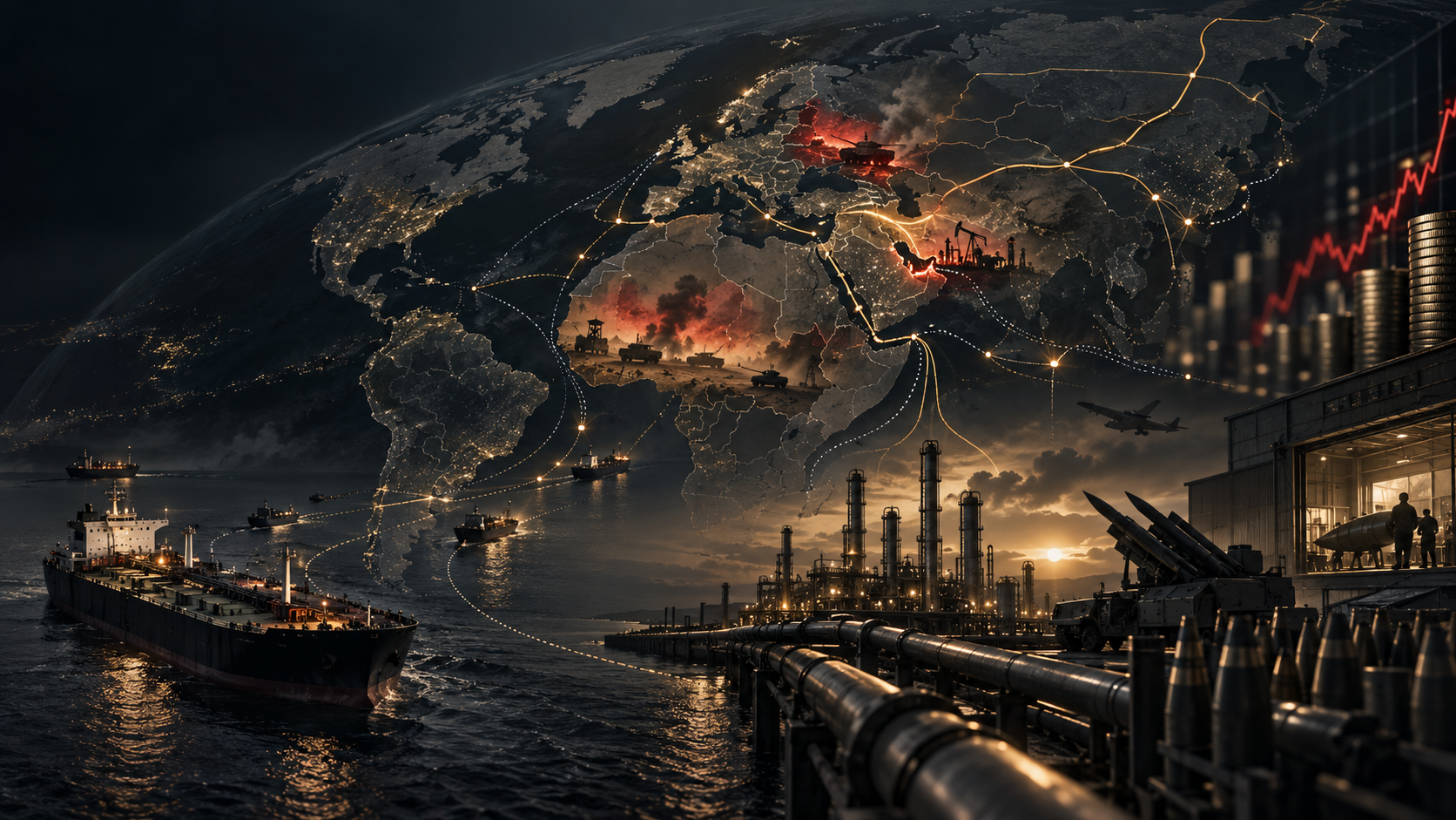 Mapa mundial con rutas energéticas, zonas de conflicto, industria petrolera y producción armamentística