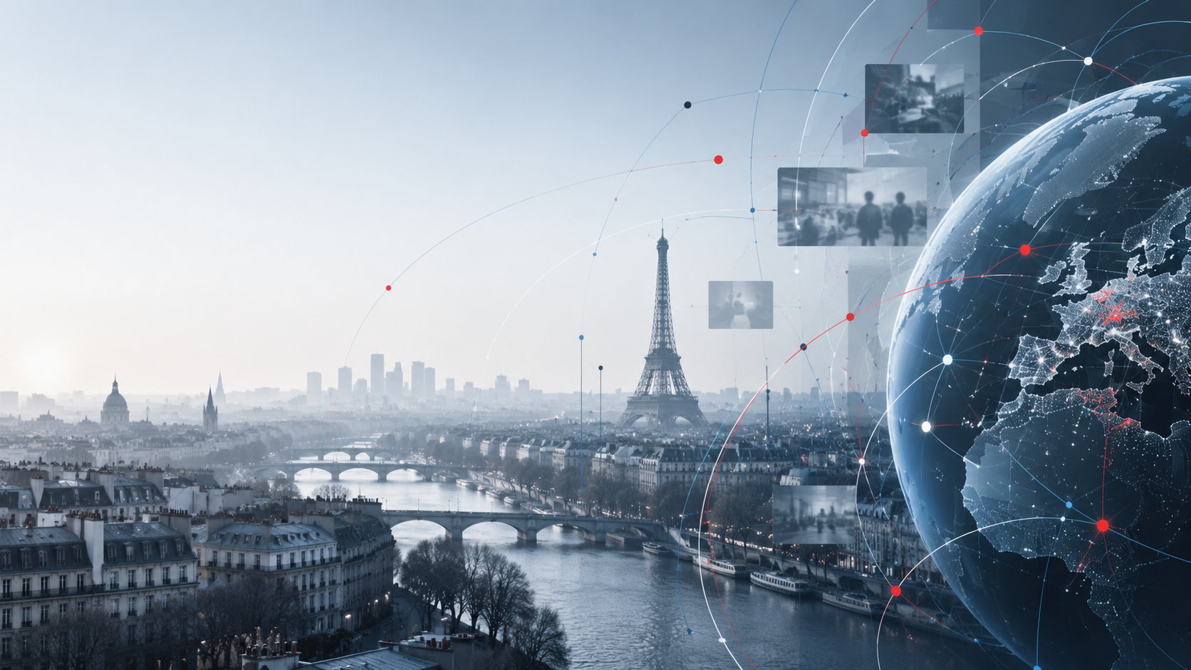 Vista de París con la Torre Eiffel y una representación digital de Europa conectada mediante redes y nodos, como símbolo de la desinformación y las injerencias externas en el espacio informativo.