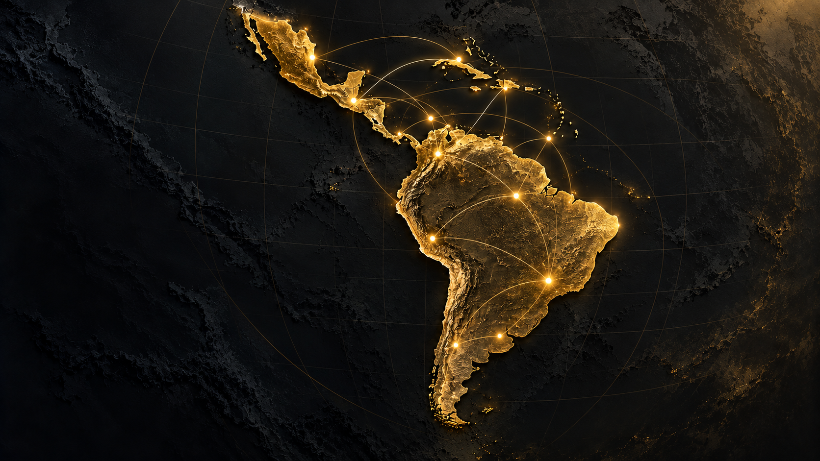 Mapa de América Latina y el Caribe en dorado sobre fondo oscuro, con nodos y conexiones que simbolizan la cooperación en inteligencia.