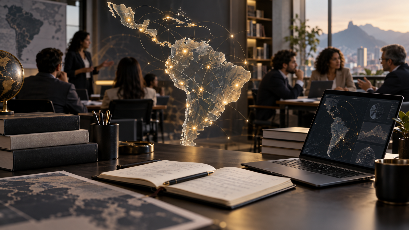 Mapa luminoso de América Latina y el Caribe en un aula con profesionales, libros y un ordenador.